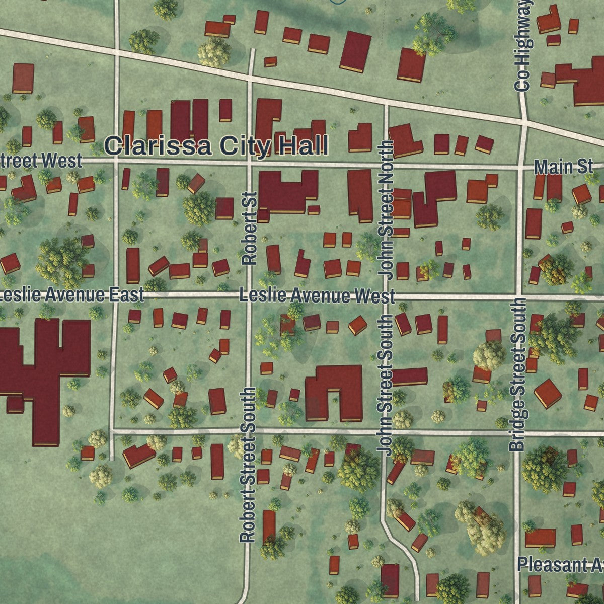 Close-up of the map of Clarissa, Minnesota print showing street and building detail