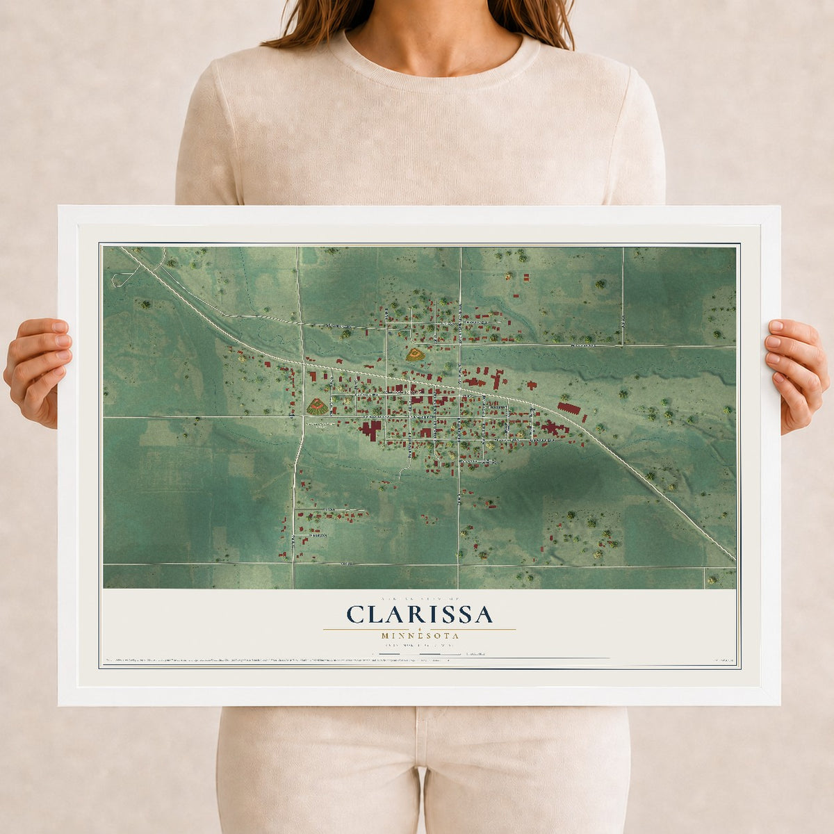 Map of Clarissa, Minnesota, 12 x 18 inch print in a white wood frame