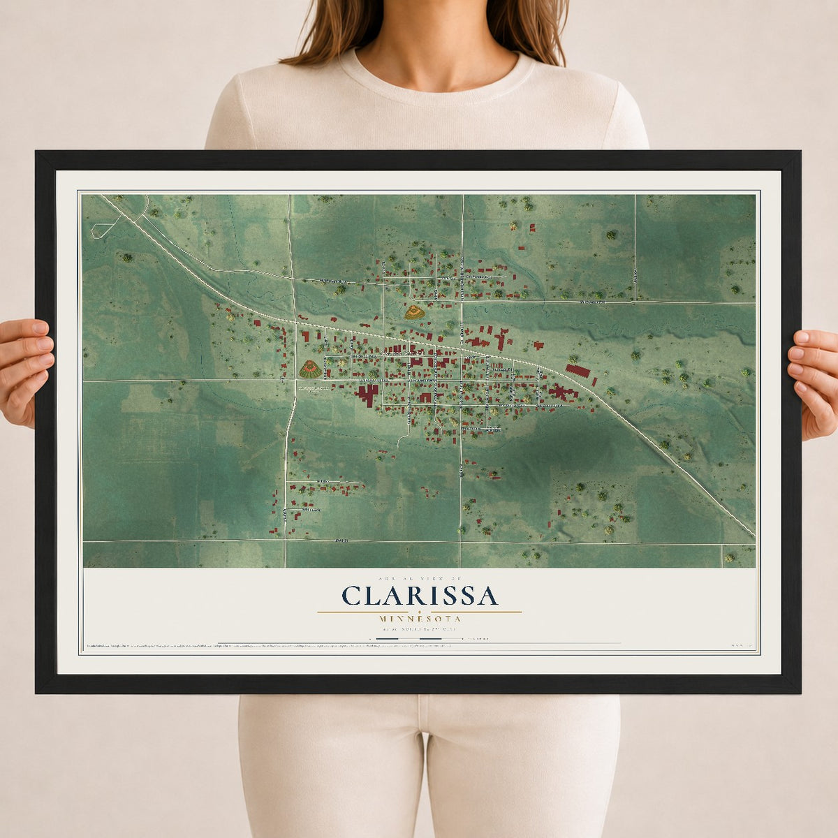 Map of Clarissa, Minnesota, 18 x 24 inch print in a black wood frame