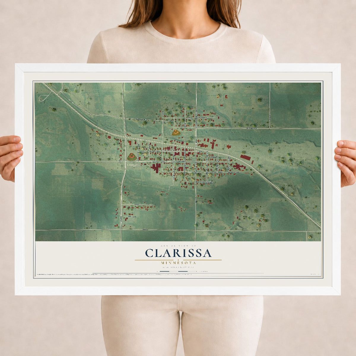 Map of Clarissa, Minnesota, 18 x 24 inch print in a white wood frame