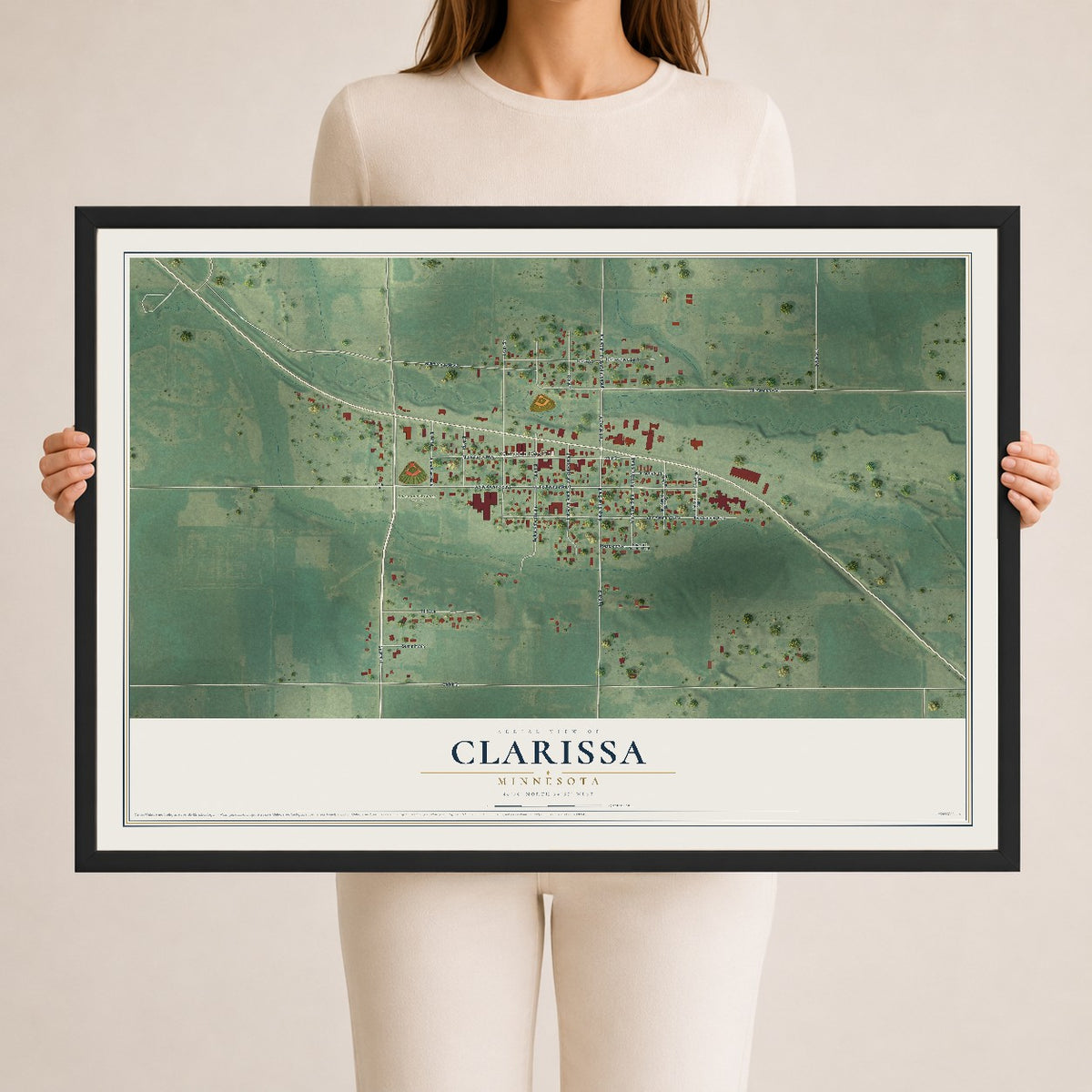 Map of Clarissa, Minnesota, 24 x 36 inch print in a black wood frame