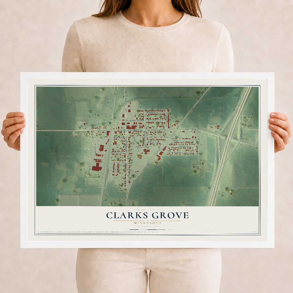 Map of Clarks Grove, Minnesota, 12 x 18 inch print in a white wood frame