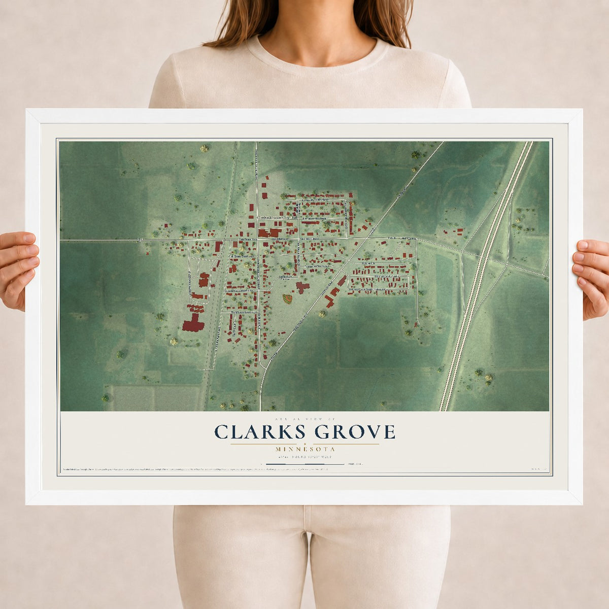 Map of Clarks Grove, Minnesota, 18 x 24 inch print in a white wood frame