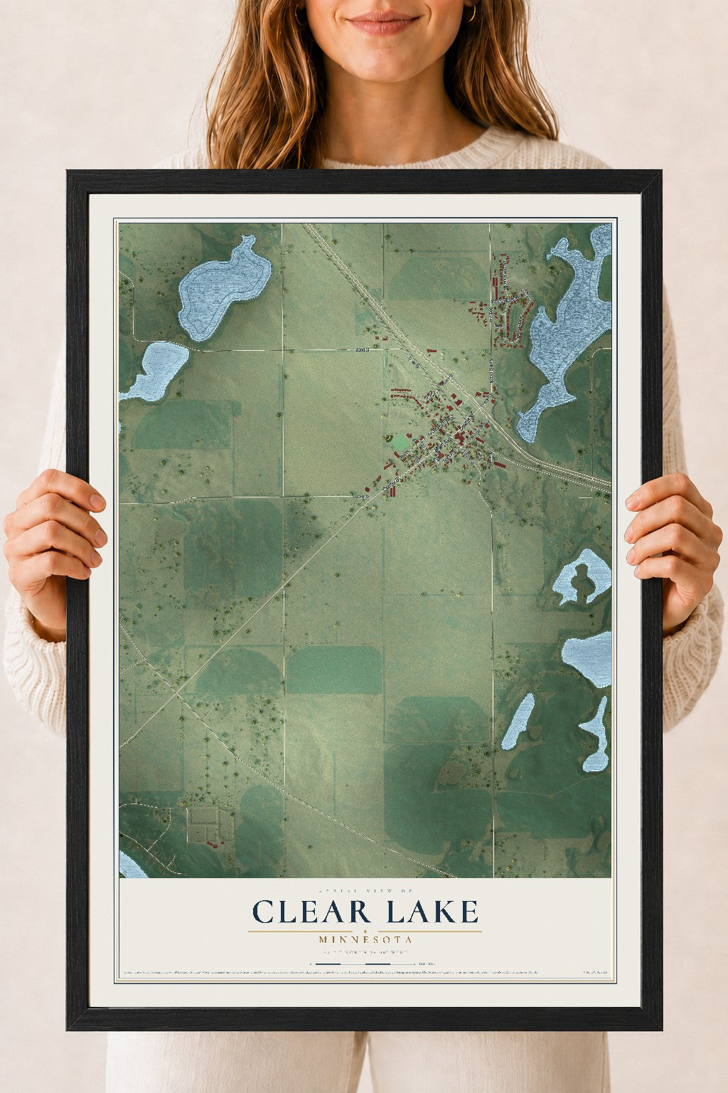 Map of Clear Lake, Minnesota, 18 x 24 inch print in a black wood frame