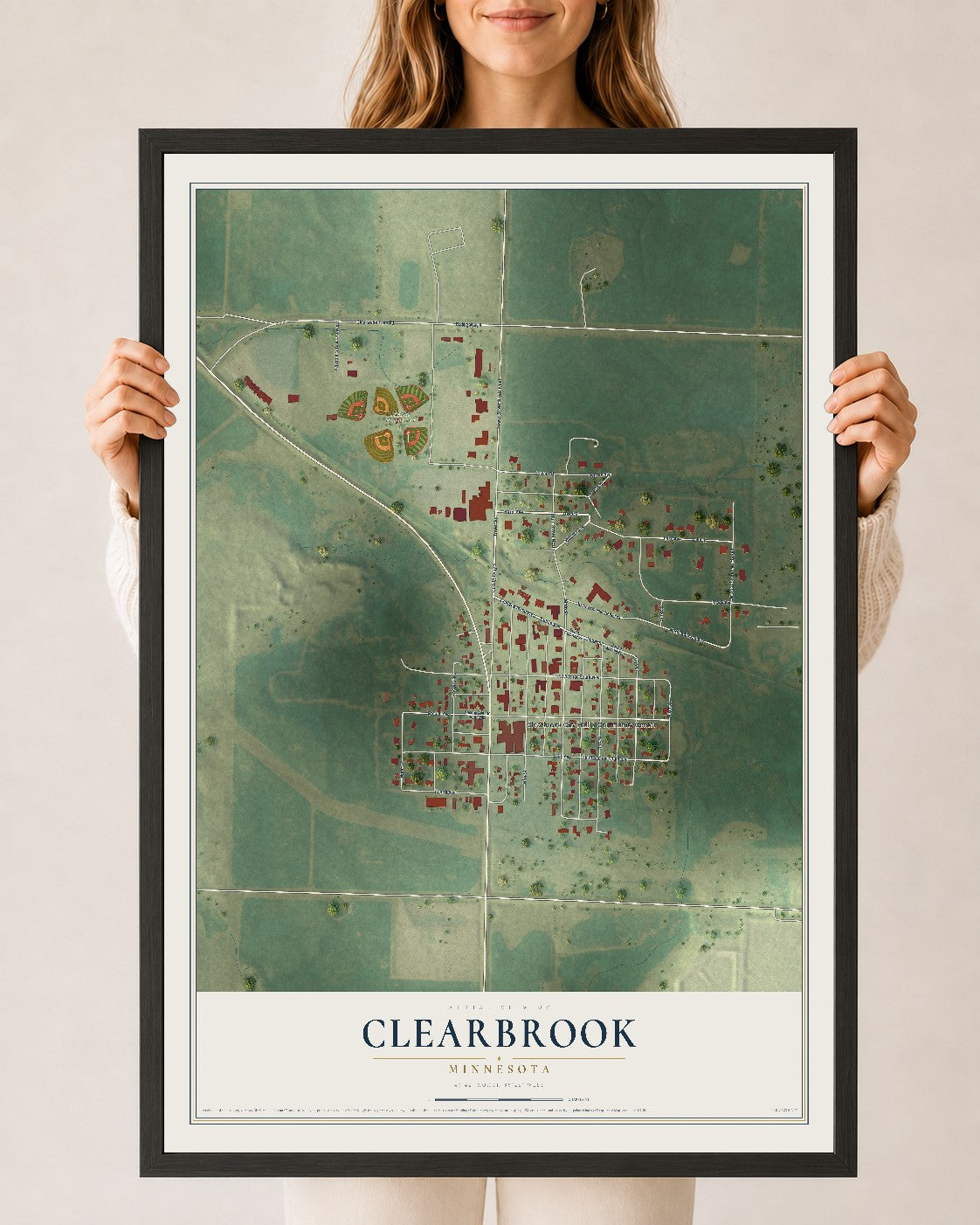Map of Clearbrook, Minnesota, 24 x 36 inch print in a black wood frame