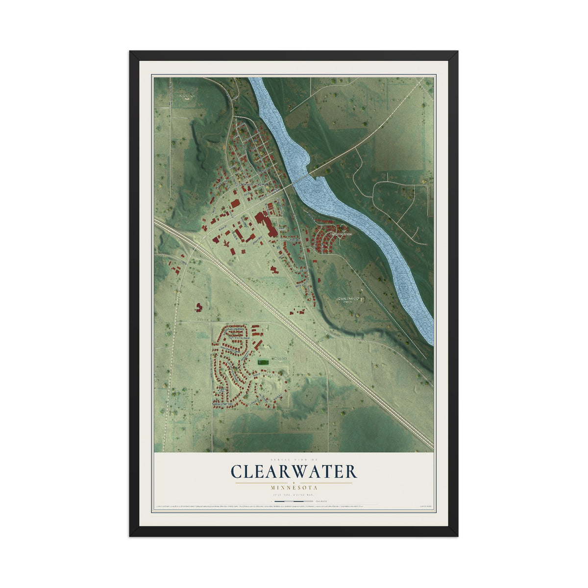 Map of Clearwater, Minnesota, 12 x 18 inch print in a black wood frame