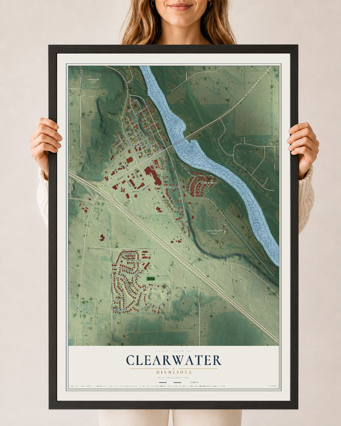 Map of Clearwater, Minnesota, 24 x 36 inch print in a black wood frame