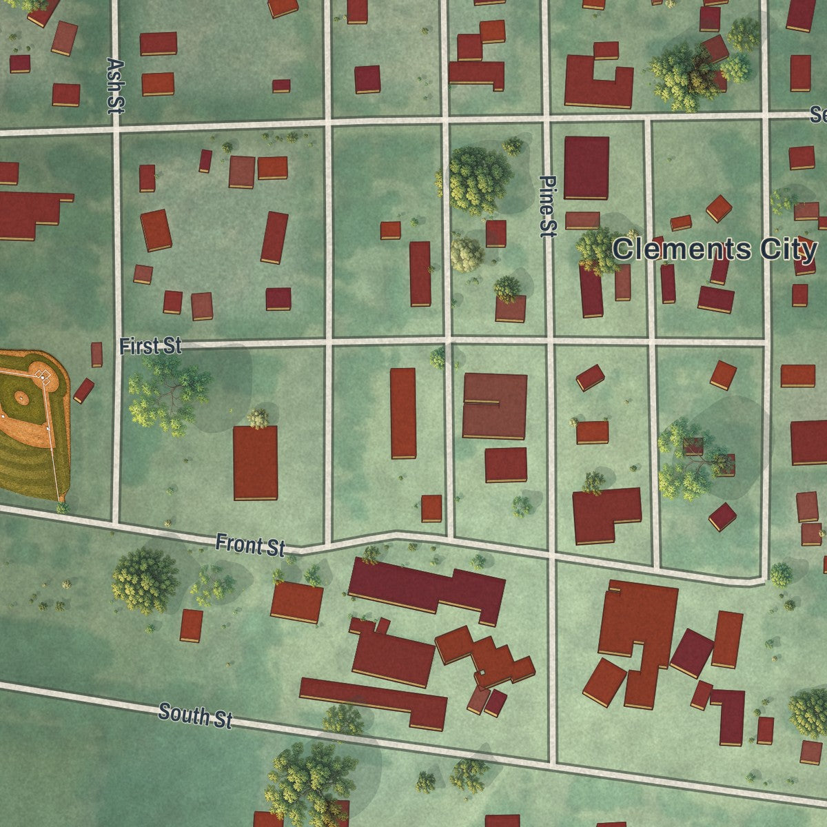 Close-up of the map of Clements, Minnesota print showing street and building detail