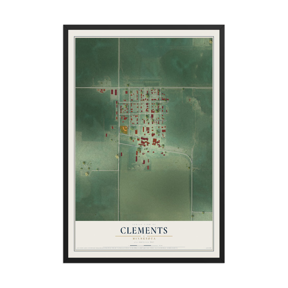 Map of Clements, Minnesota, 12 x 18 inch print in a black wood frame