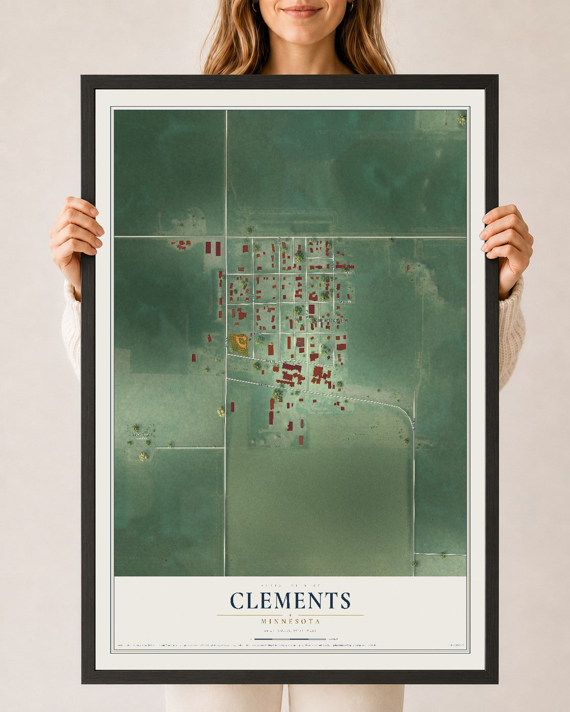 Map of Clements, Minnesota, 24 x 36 inch print in a black wood frame