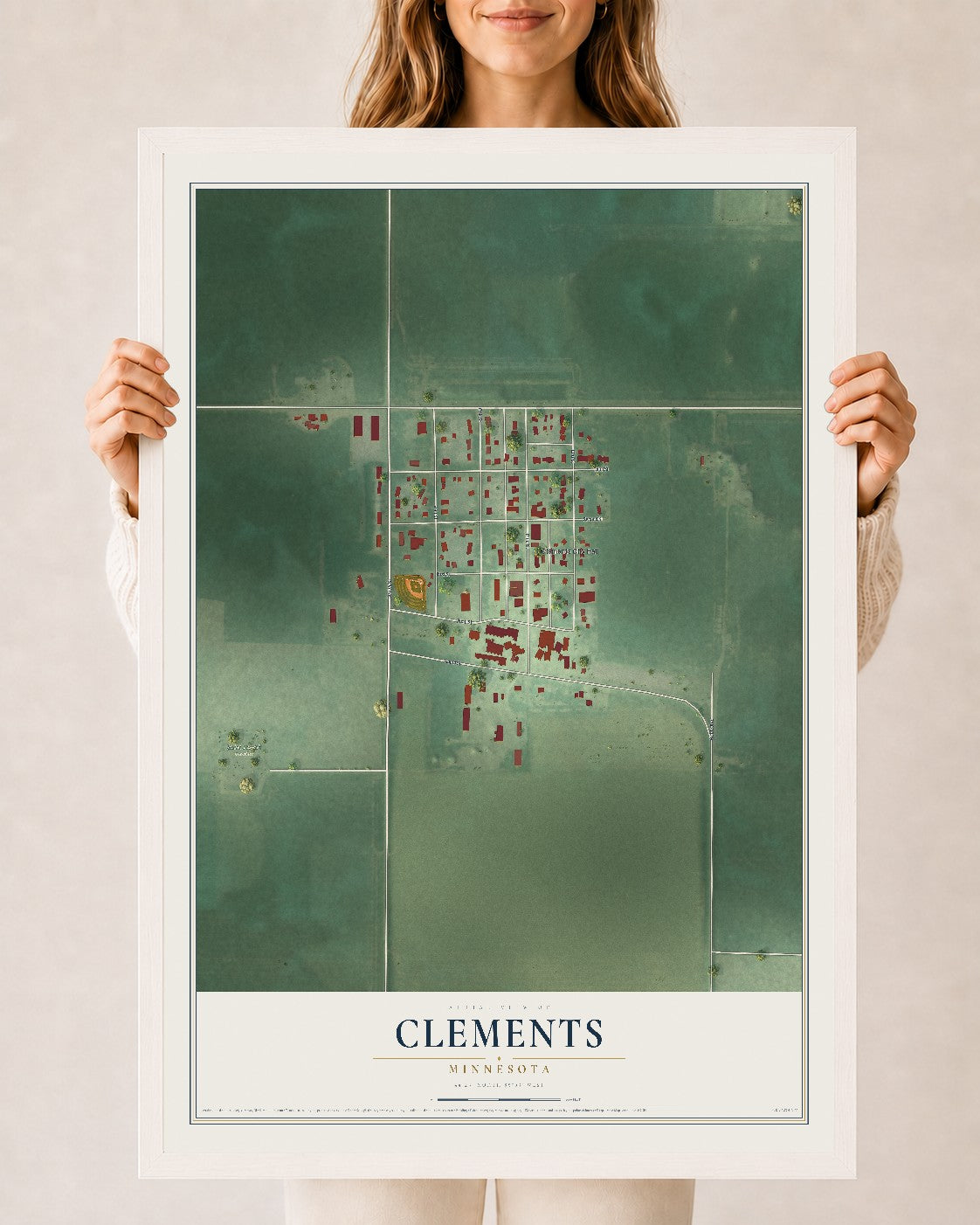 Map of Clements, Minnesota, 24 x 36 inch print in a white wood frame