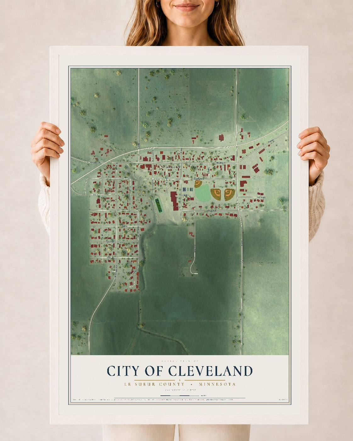 Map of Cleveland, Minnesota, 24 x 36 inch print in a white wood frame