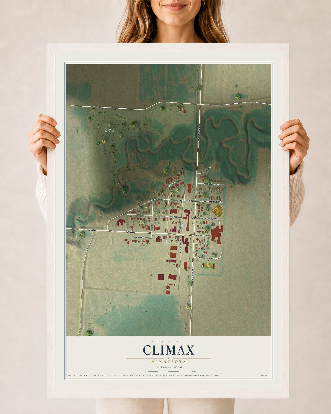 Map of Climax, Minnesota, 24 x 36 inch print in a white wood frame