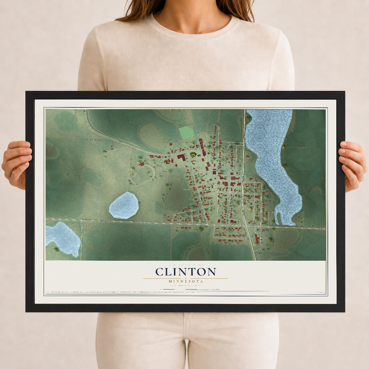 Map of Clinton, Minnesota, 12 x 18 inch print in a black wood frame