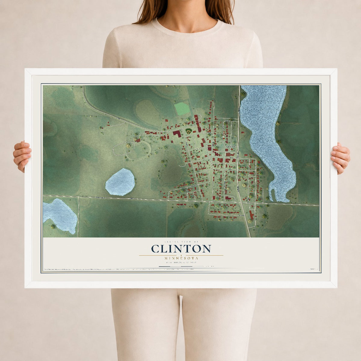 Map of Clinton, Minnesota, 24 x 36 inch print in a white wood frame