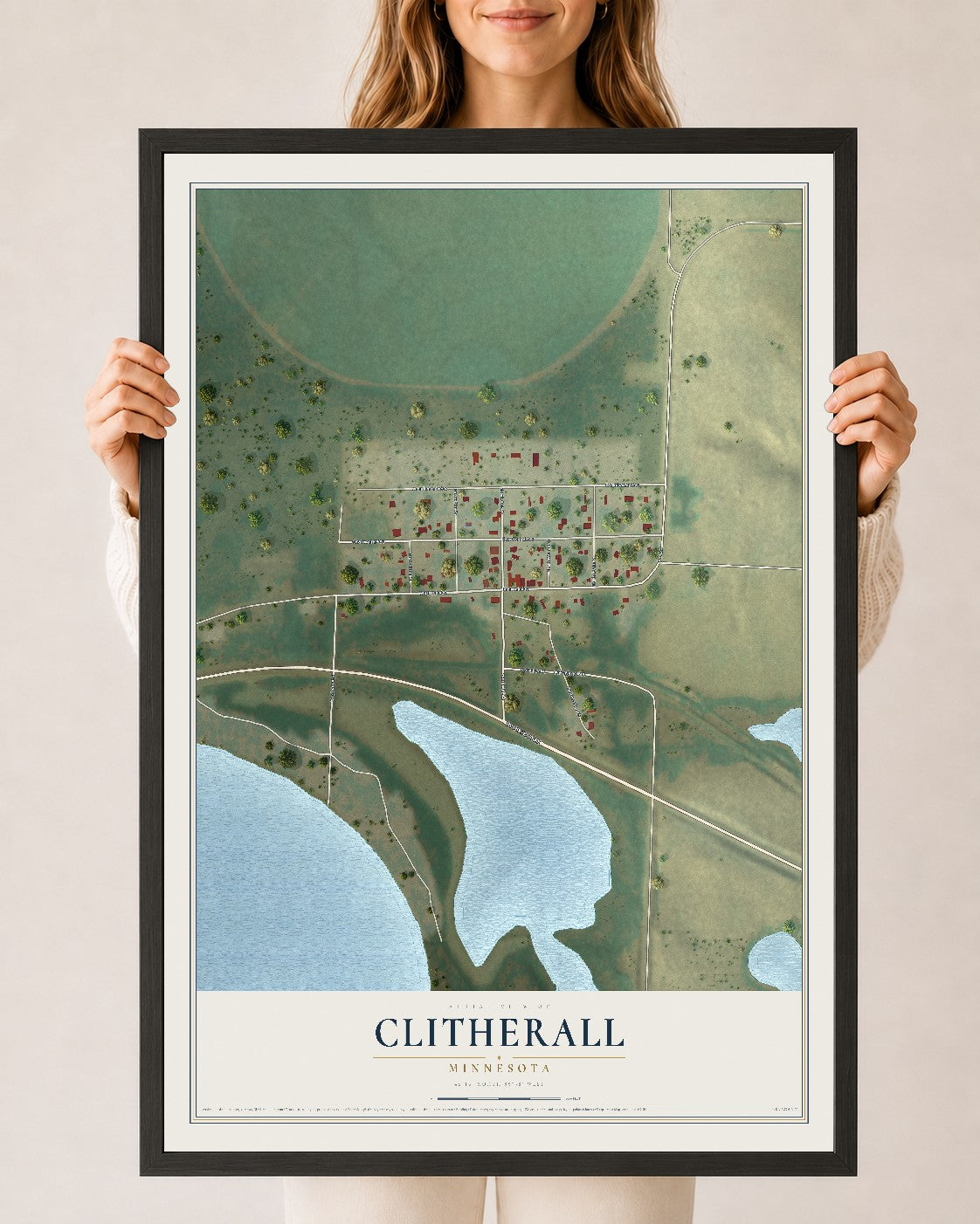 Map of Clitherall, Minnesota, 24 x 36 inch print in a black wood frame