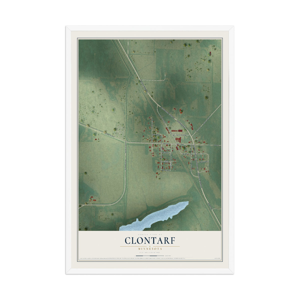 Map of Clontarf, Minnesota, 12 x 18 inch print in a white wood frame