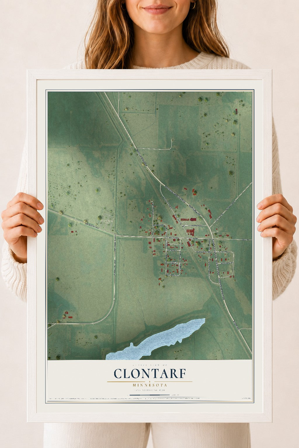 Map of Clontarf, Minnesota, 18 x 24 inch print in a white wood frame