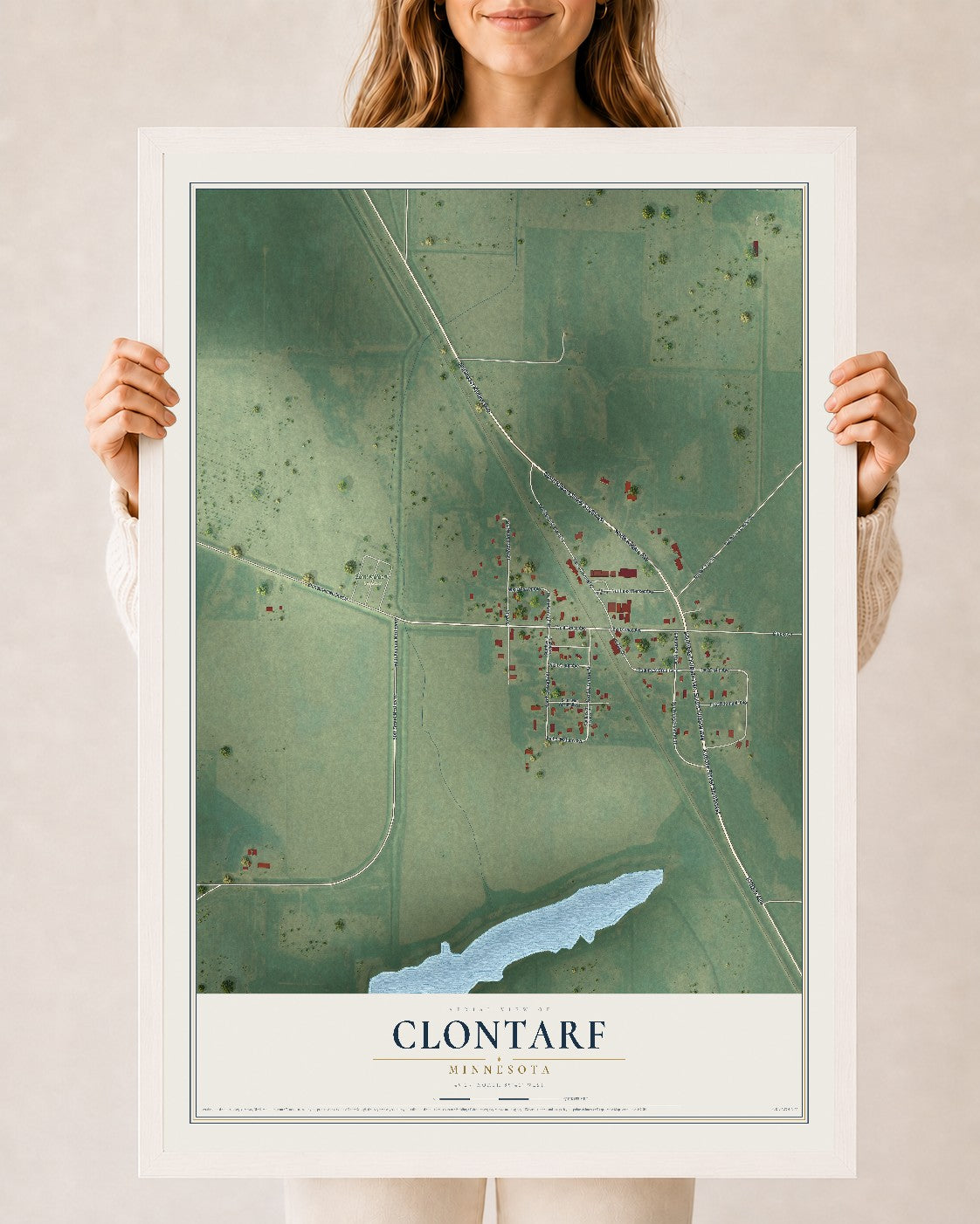 Map of Clontarf, Minnesota, 24 x 36 inch print in a white wood frame
