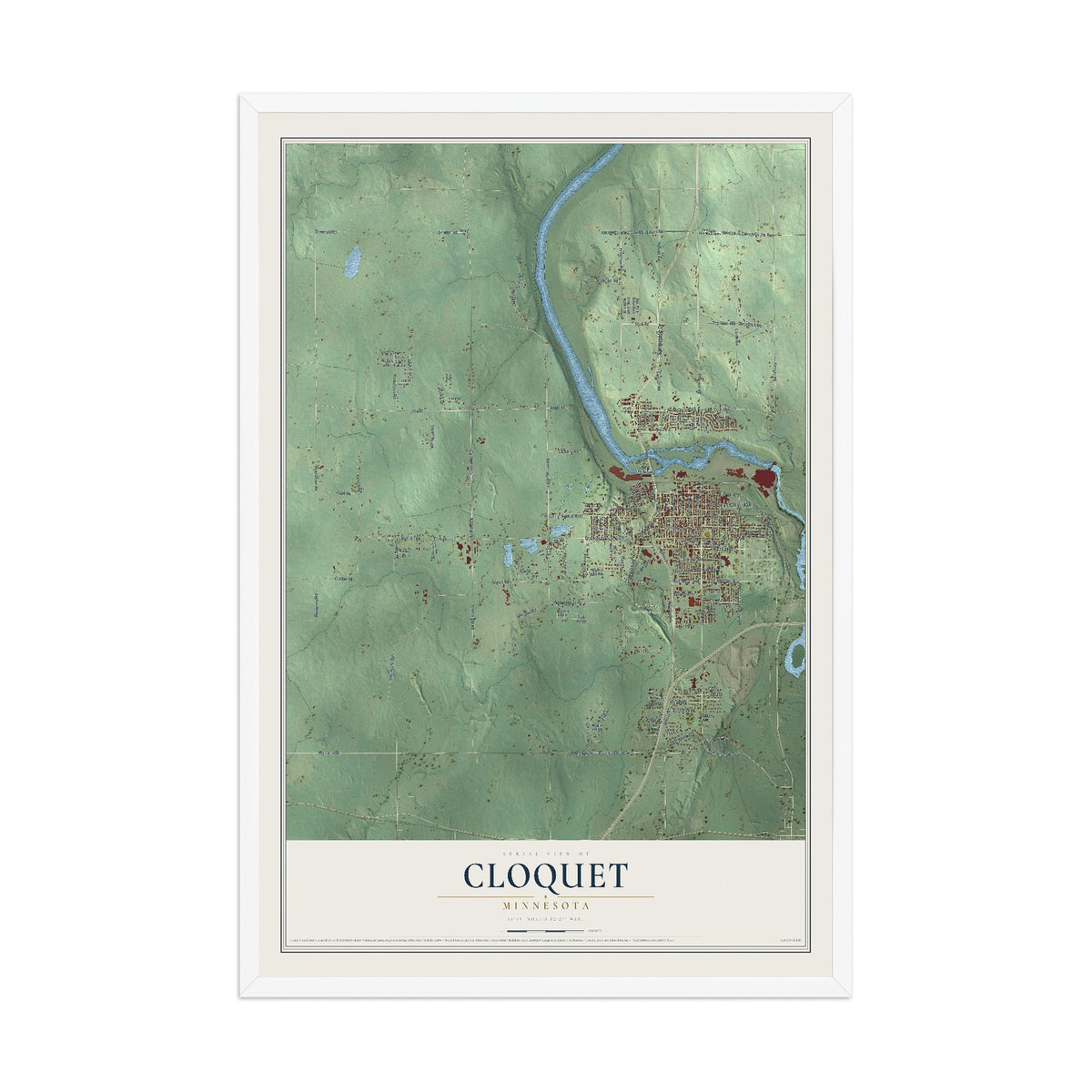 Map of Cloquet, Minnesota, 12 x 18 inch print in a white wood frame