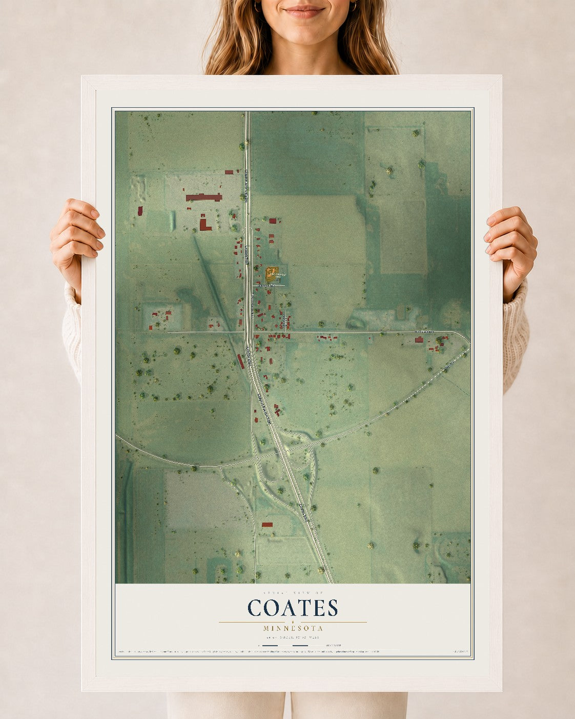 Map of Coates, Minnesota, 24 x 36 inch print in a white wood frame
