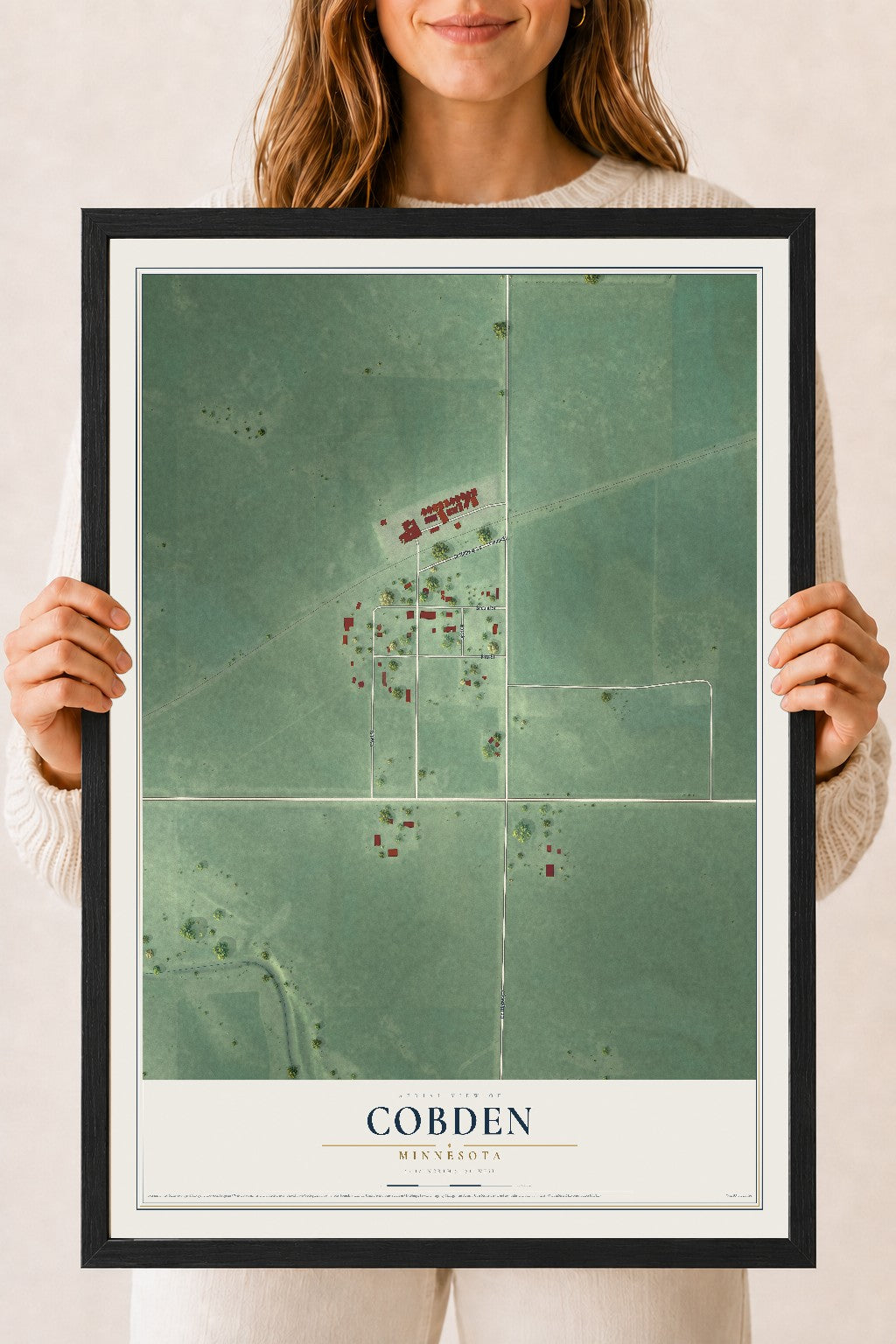 Map of Cobden, Minnesota, 18 x 24 inch print in a black wood frame
