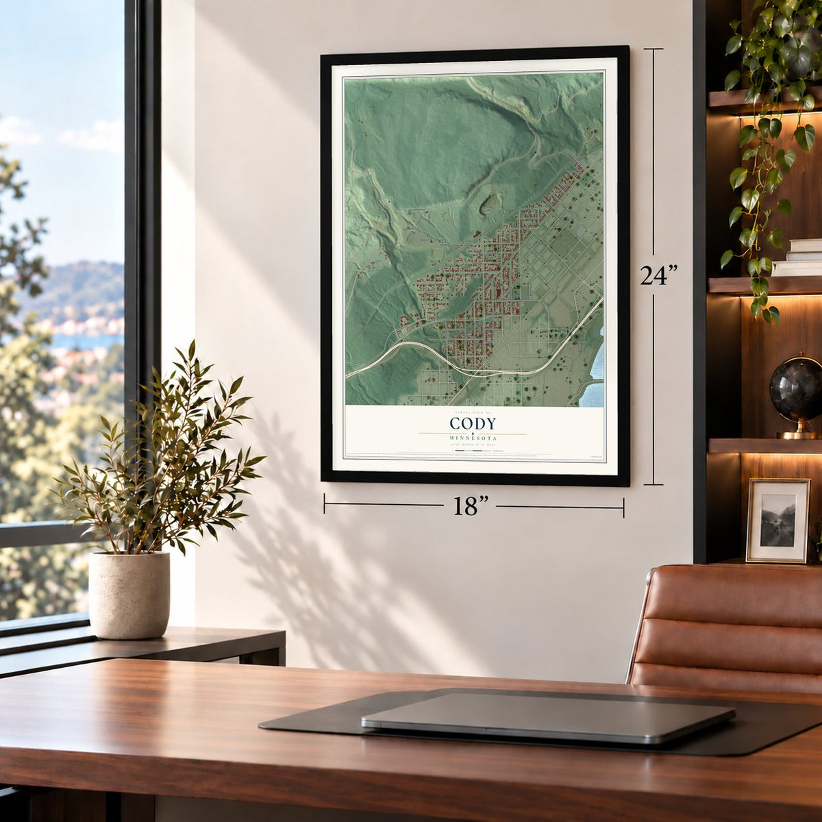 Cody, Minnesota map, 18 x 24 inch print in a black frame in a home office