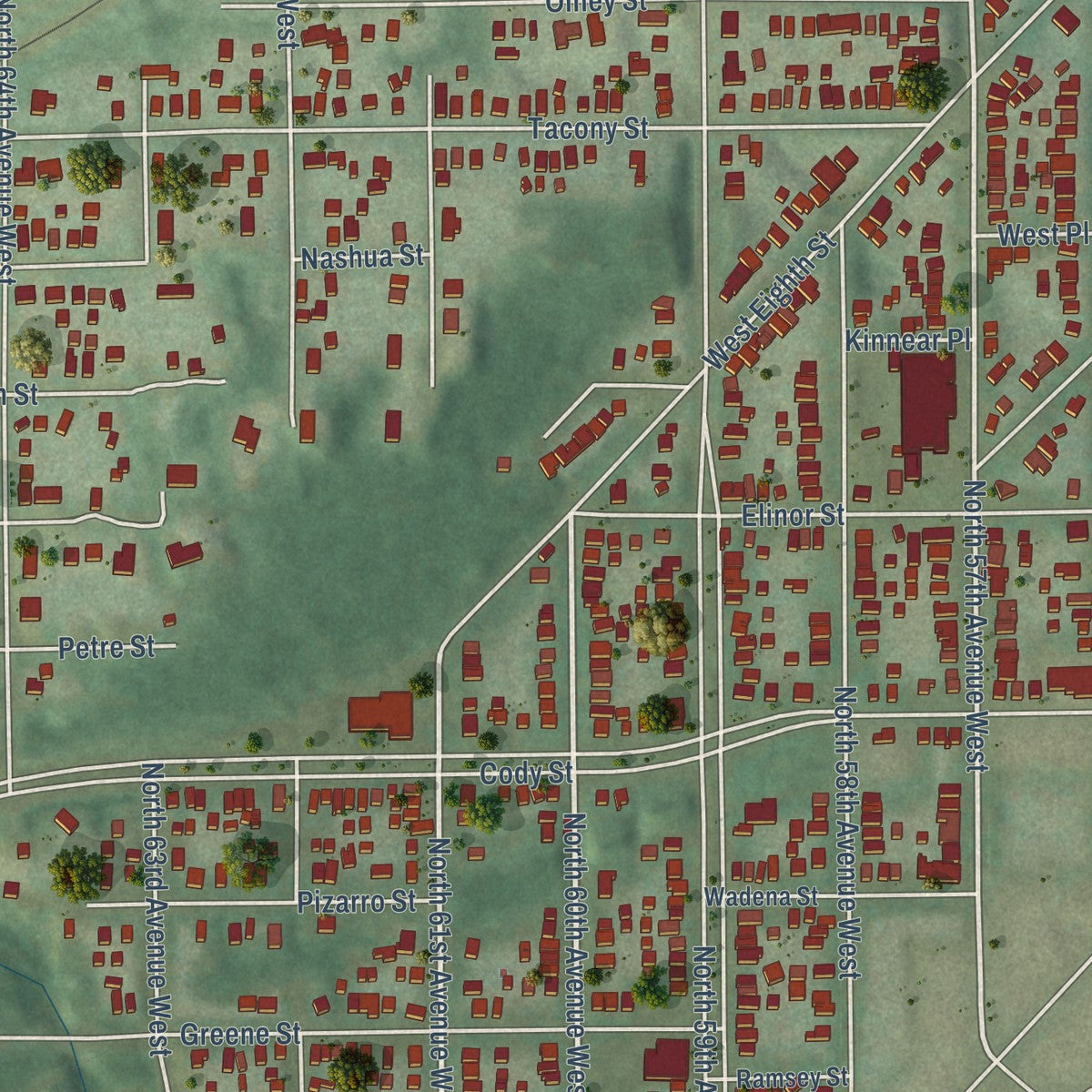 Close-up of the map of Cody, Minnesota print showing street and building detail