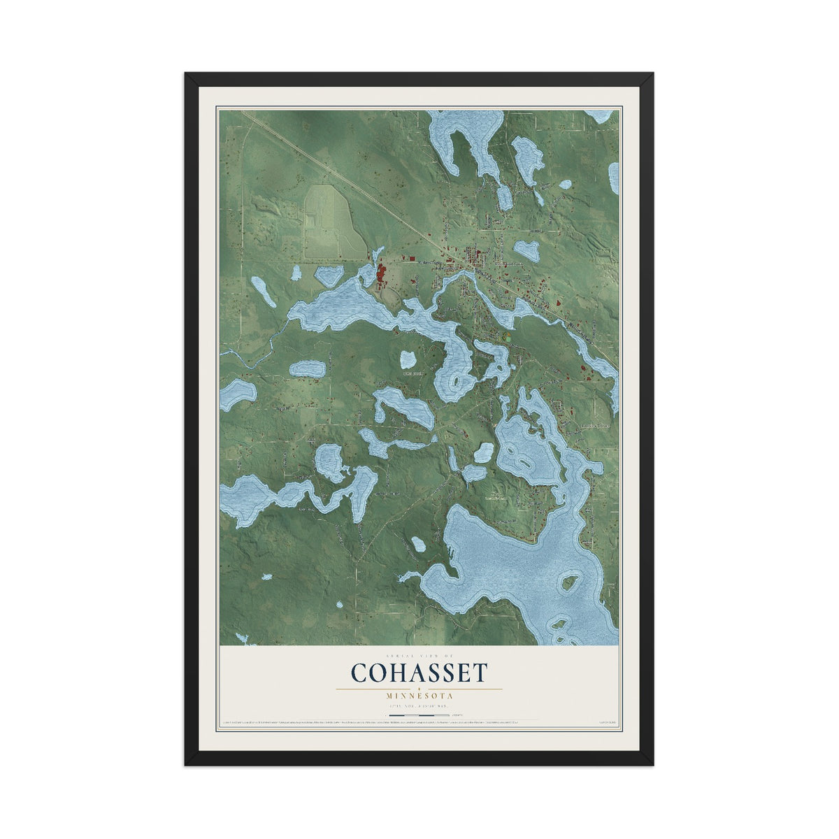 Map of Cohasset, Minnesota, 12 x 18 inch print in a black wood frame