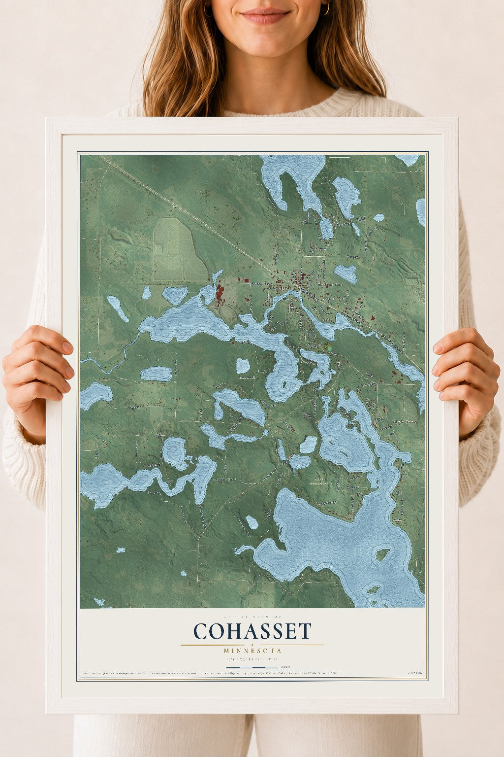 Map of Cohasset, Minnesota, 18 x 24 inch print in a white wood frame