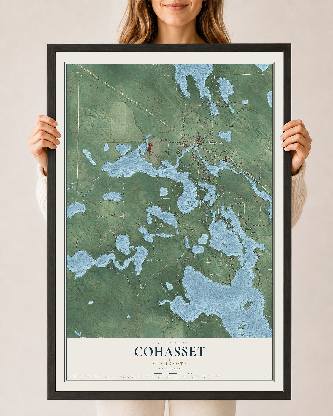 Map of Cohasset, Minnesota, 24 x 36 inch print in a black wood frame