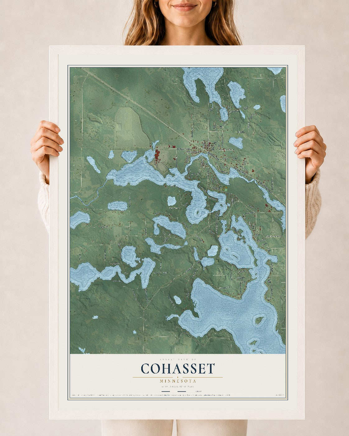 Map of Cohasset, Minnesota, 24 x 36 inch print in a white wood frame