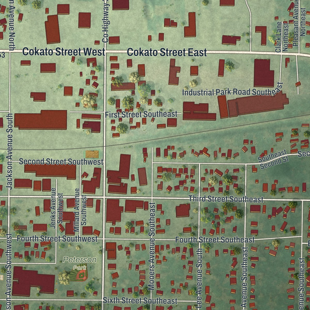 Close-up of the map of Cokato, Minnesota print showing street and building detail