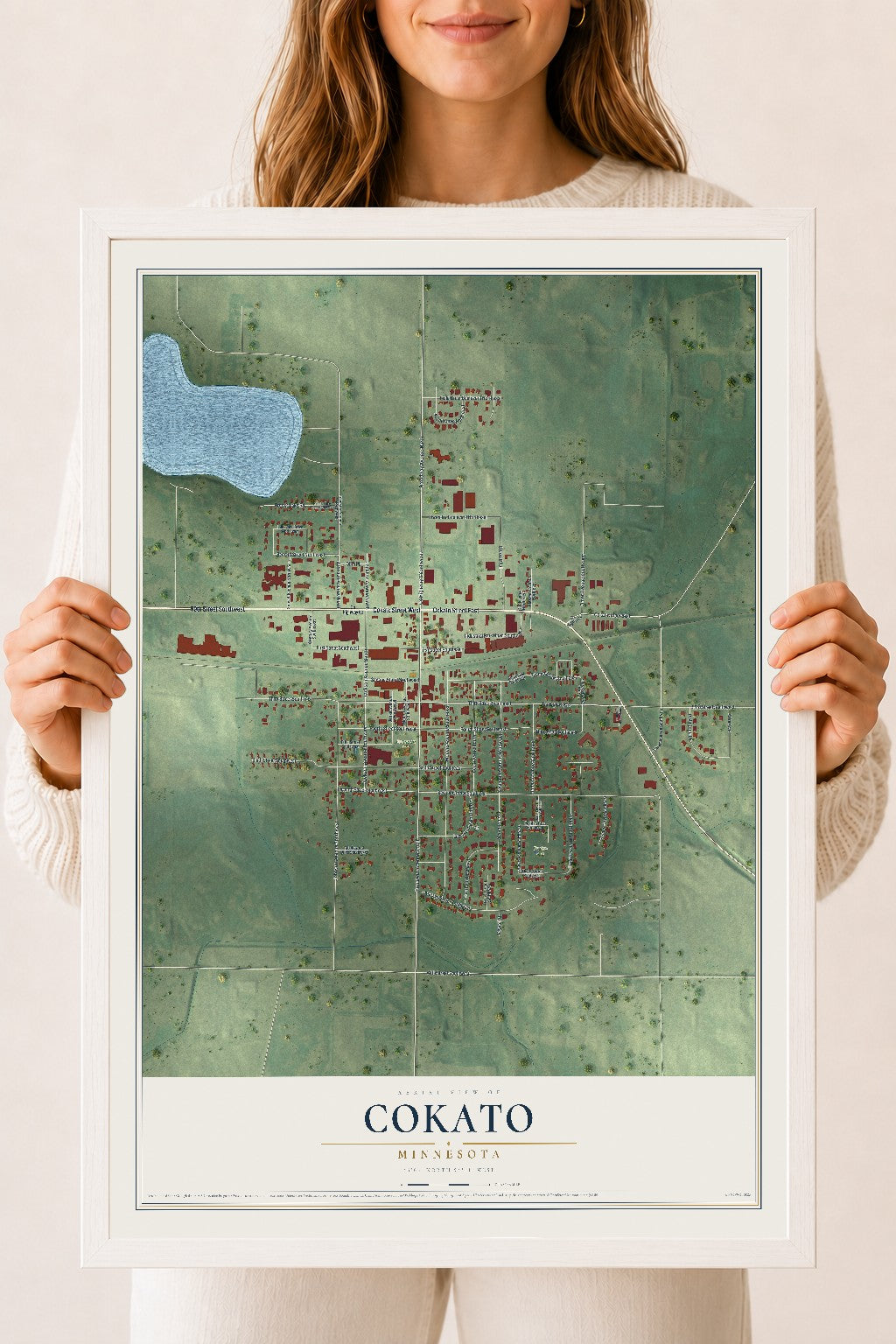 Map of Cokato, Minnesota, 18 x 24 inch print in a white wood frame