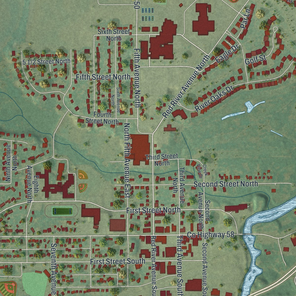 Close-up of the map of Cold Spring, Minnesota print showing street and building detail