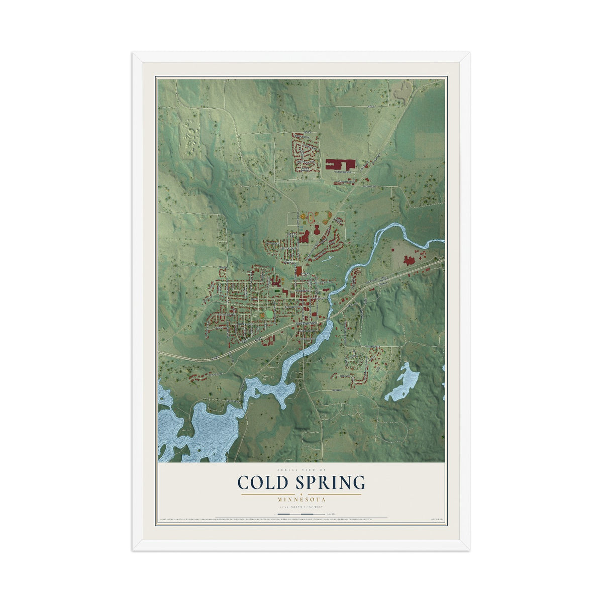 Map of Cold Spring, Minnesota, 12 x 18 inch print in a white wood frame