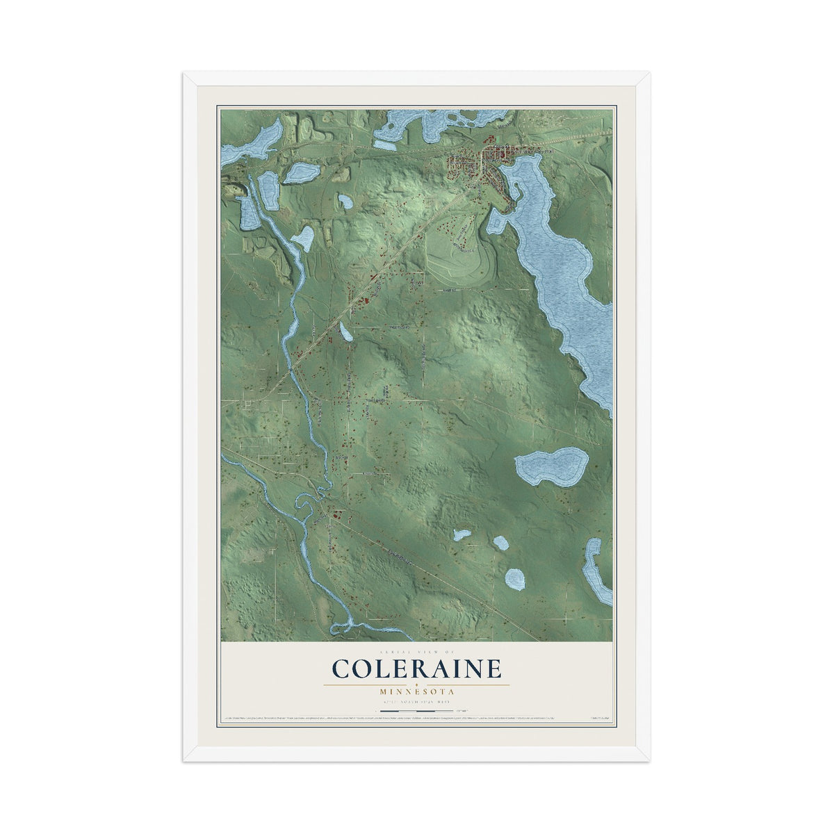 Map of Coleraine, Minnesota, 12 x 18 inch print in a white wood frame