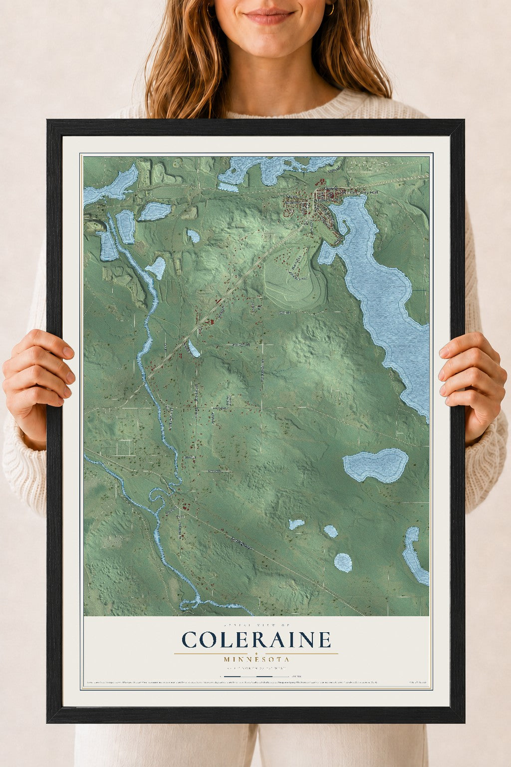 Map of Coleraine, Minnesota, 18 x 24 inch print in a black wood frame