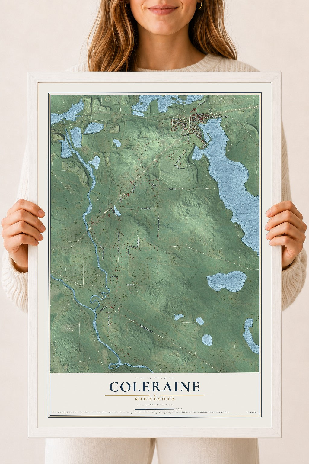 Map of Coleraine, Minnesota, 18 x 24 inch print in a white wood frame