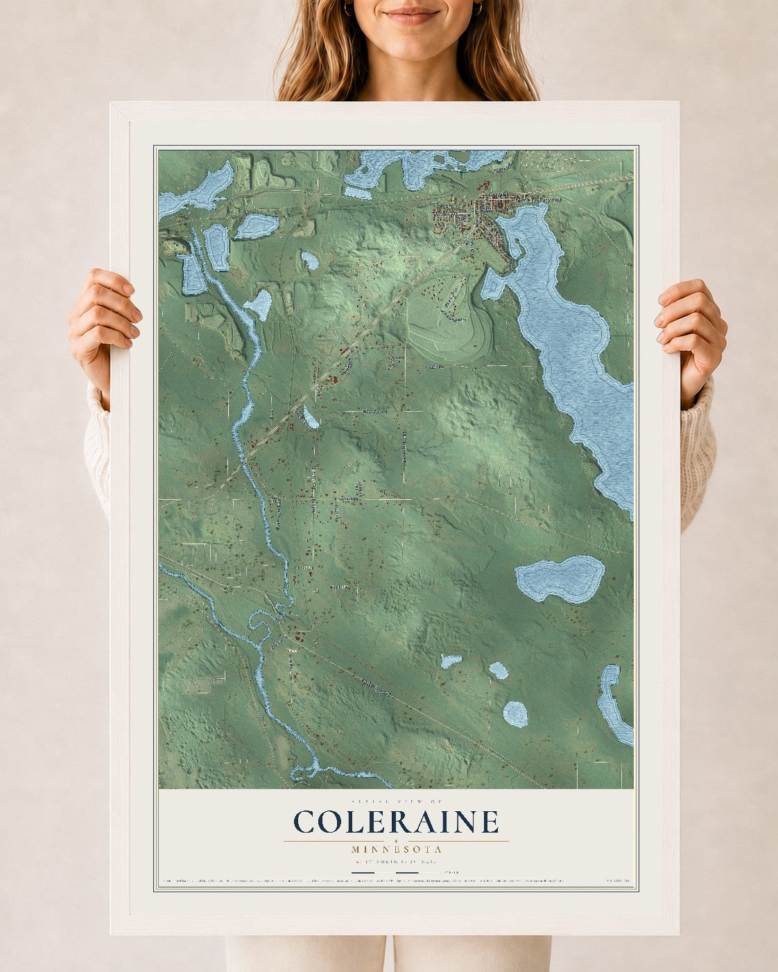 Map of Coleraine, Minnesota, 24 x 36 inch print in a white wood frame
