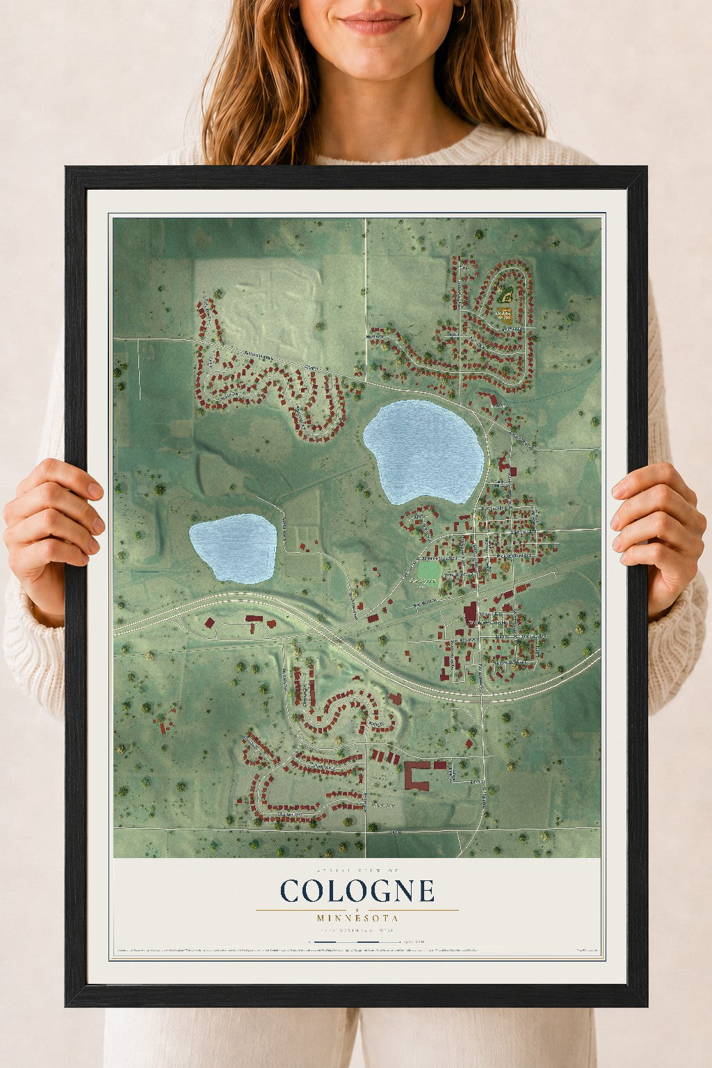 Map of Cologne, Minnesota, 18 x 24 inch print in a black wood frame
