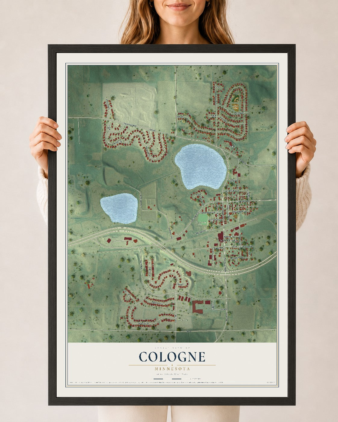 Map of Cologne, Minnesota, 24 x 36 inch print in a black wood frame