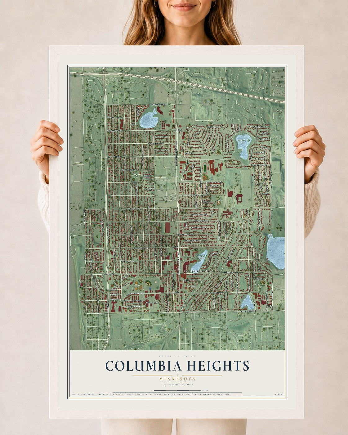 Map of Columbia Heights, Minnesota, 24 x 36 inch print in a white wood frame