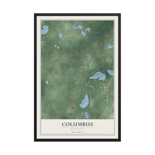 Map of Columbus, Minnesota, 12 x 18 inch print in a black wood frame