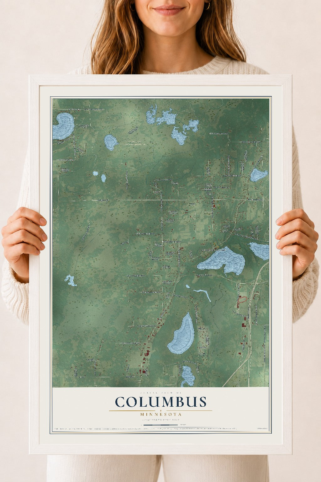 Map of Columbus, Minnesota, 18 x 24 inch print in a white wood frame