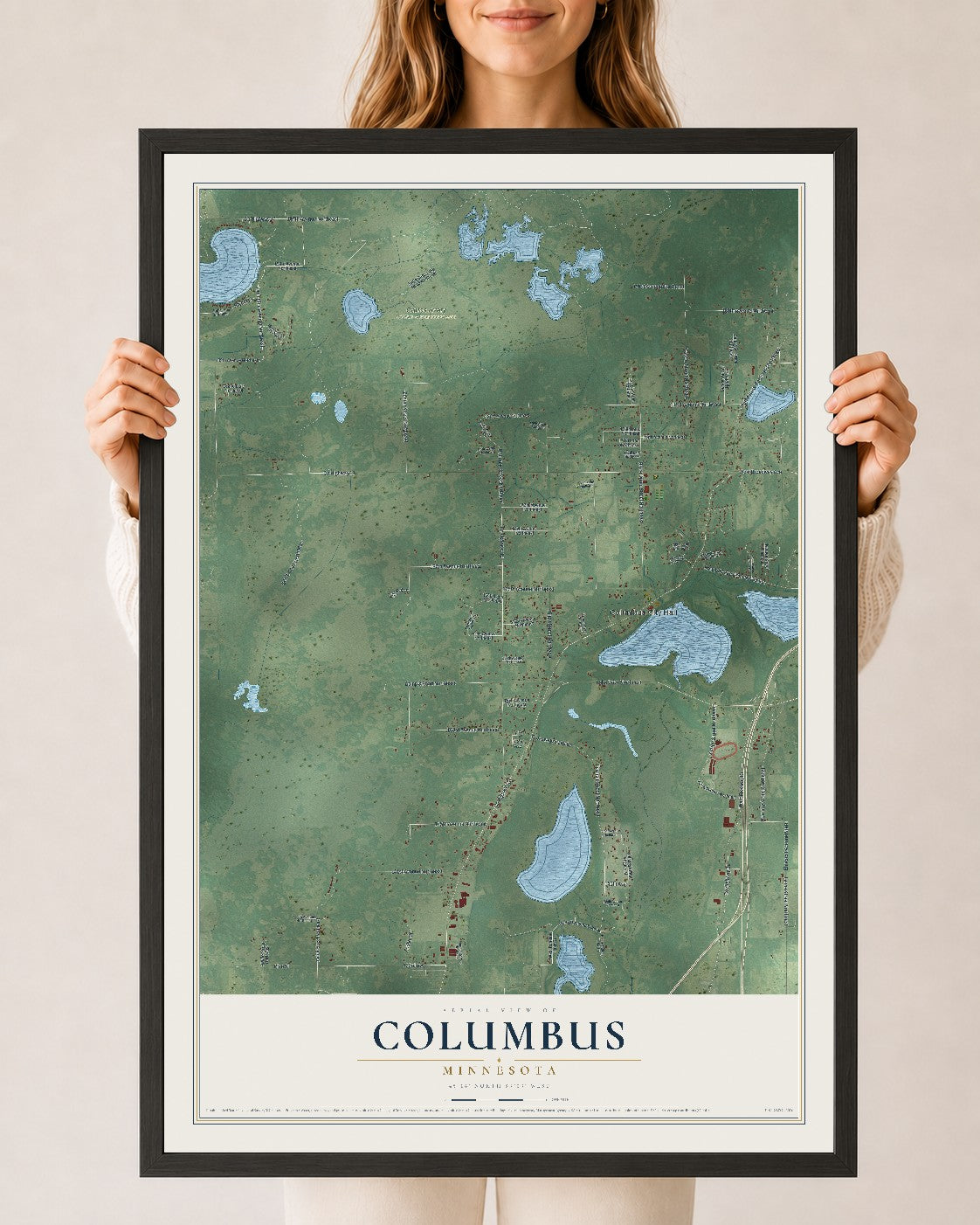 Map of Columbus, Minnesota, 24 x 36 inch print in a black wood frame