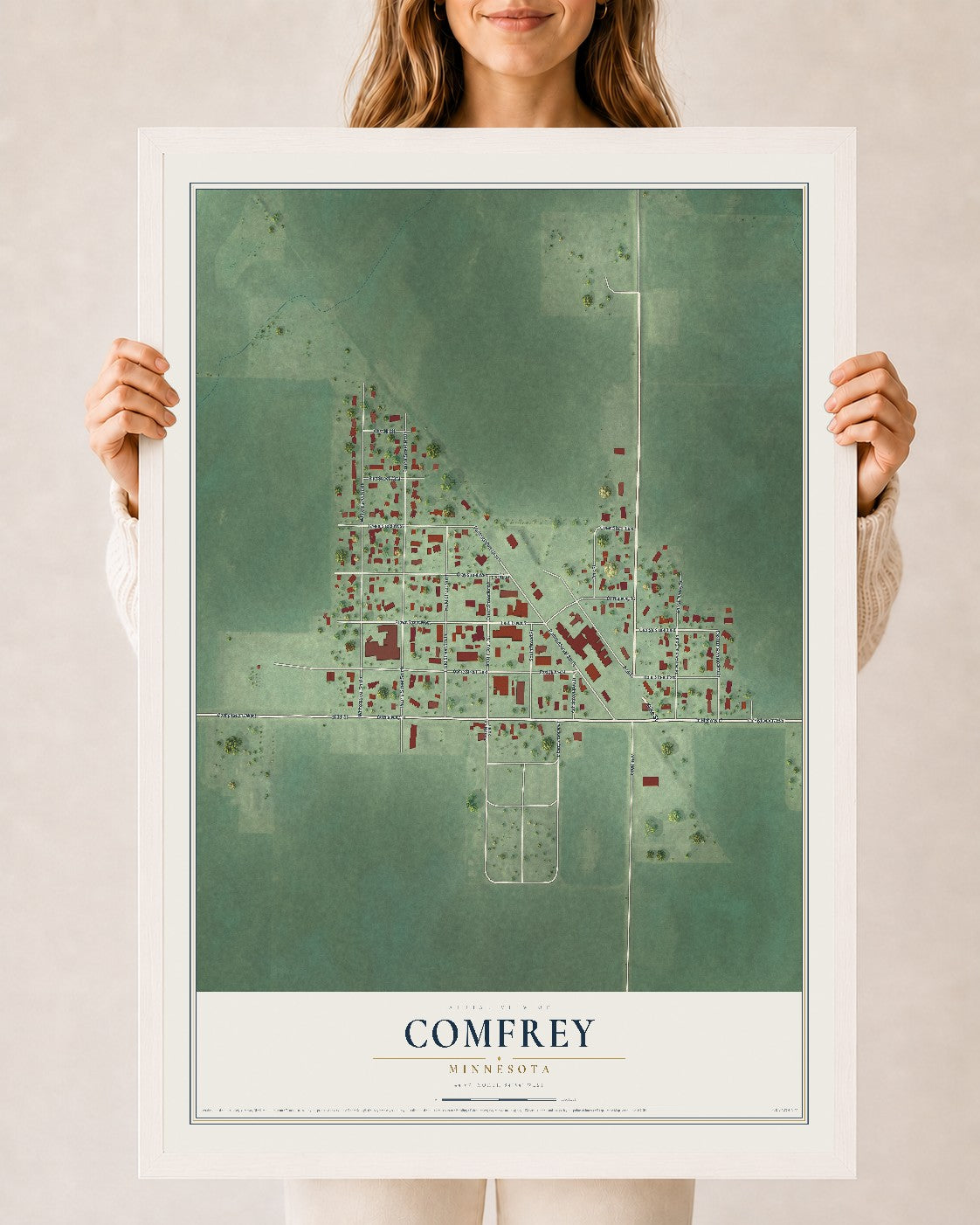 Map of Comfrey, Minnesota, 24 x 36 inch print in a white wood frame