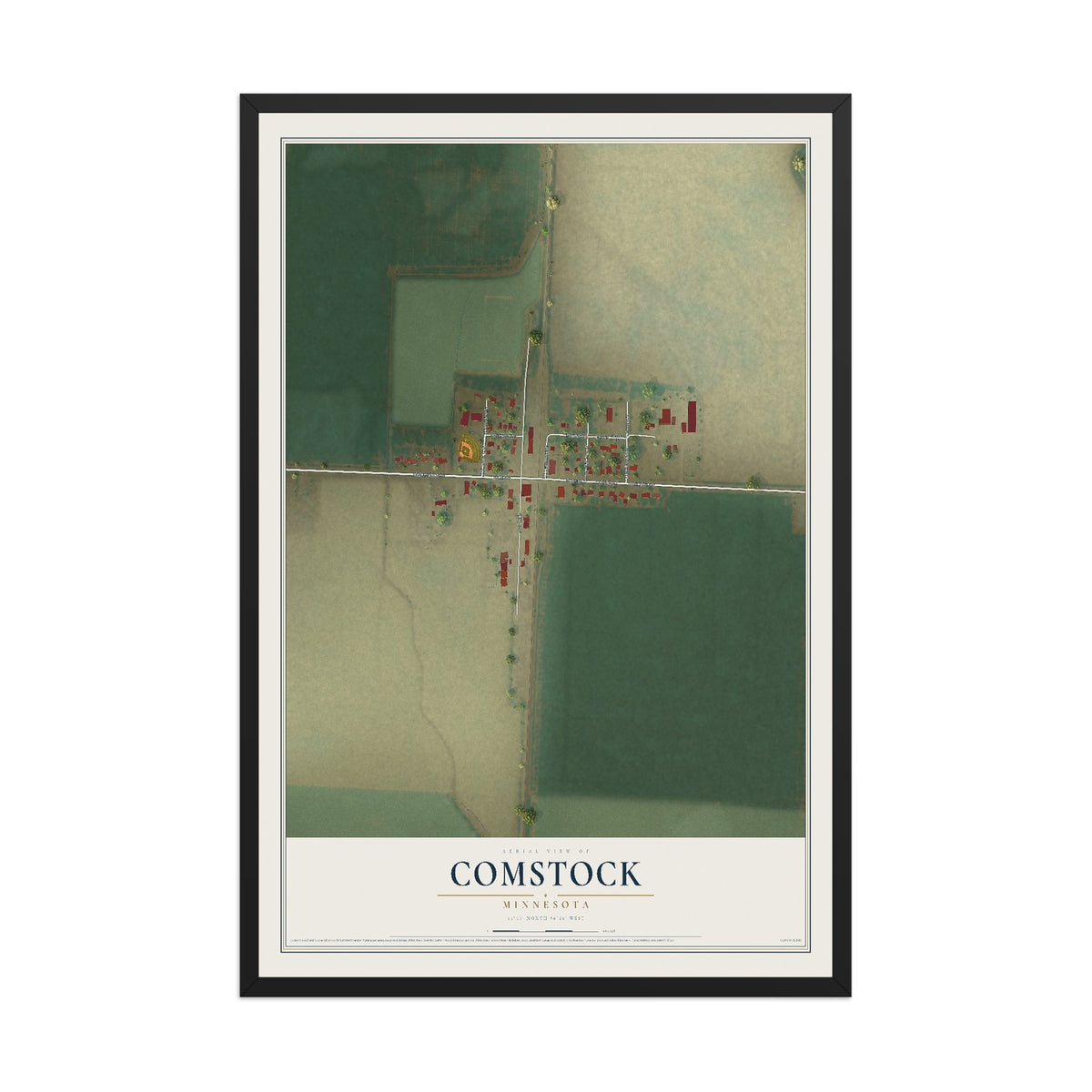 Map of Comstock, Minnesota, 12 x 18 inch print in a black wood frame