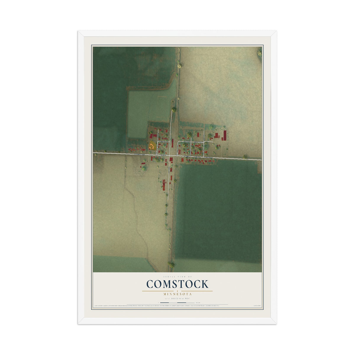 Map of Comstock, Minnesota, 12 x 18 inch print in a white wood frame