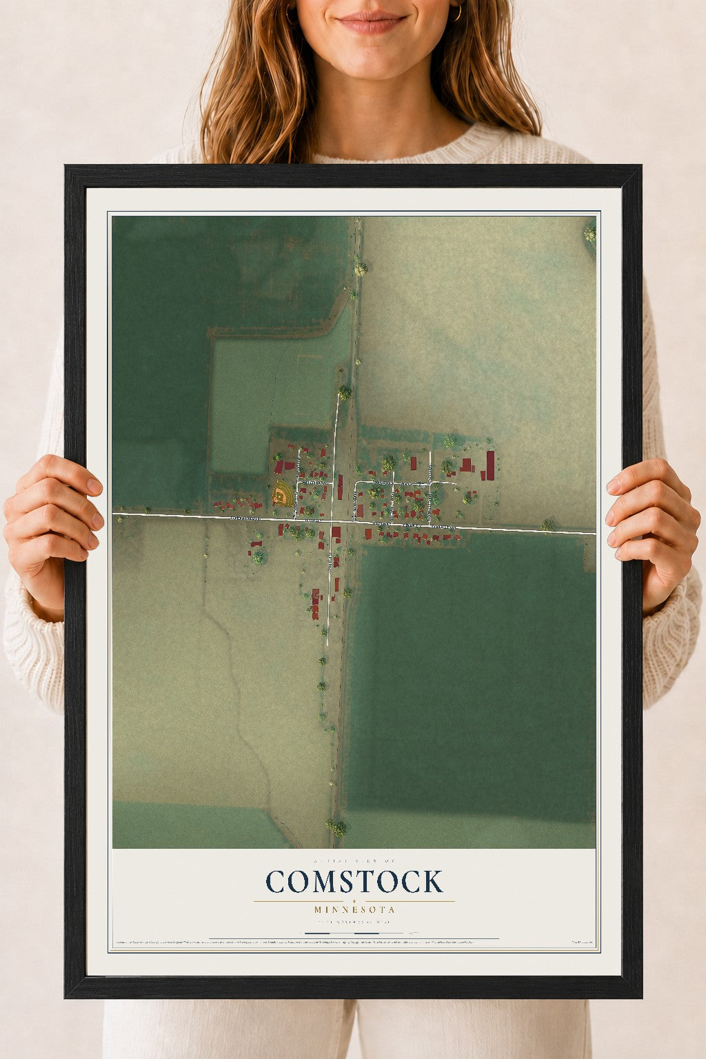 Map of Comstock, Minnesota, 18 x 24 inch print in a black wood frame